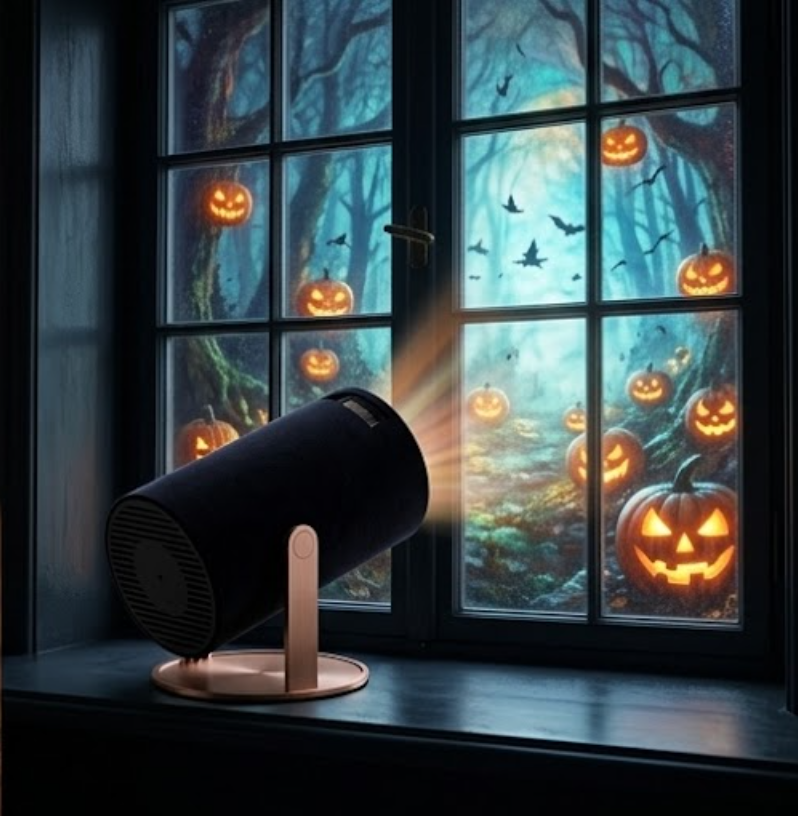 Mini Projector Displaying Halloween Decorations Through a Window