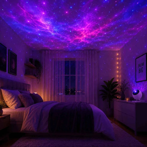 Cozy bedroom with warm ambient LED night lighting