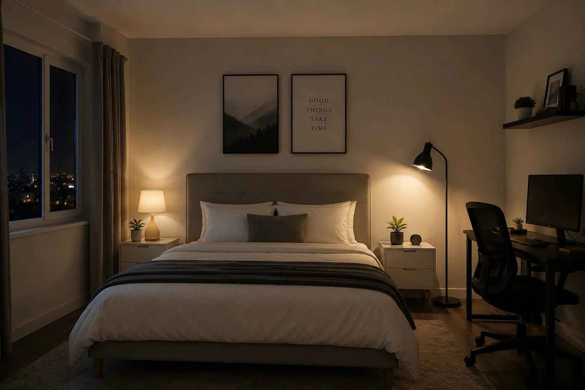 Bedroom before ambient lighting transformation