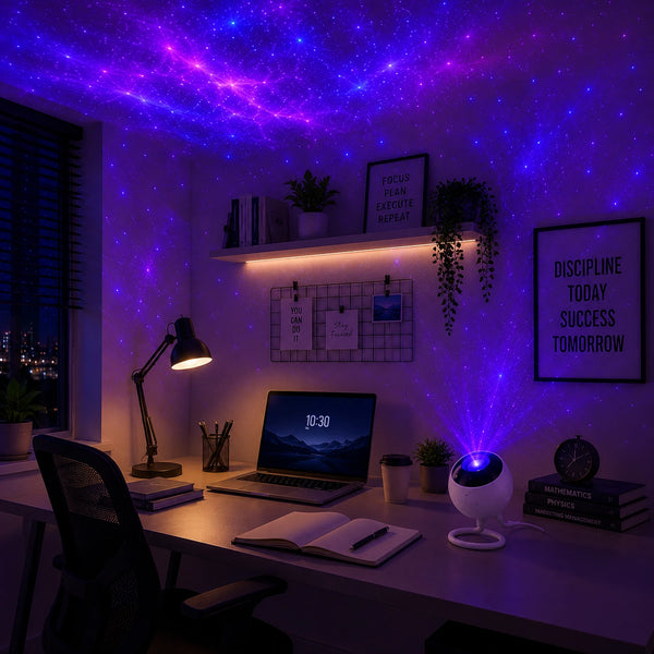 Modern study room illuminated with ambient LED lighting